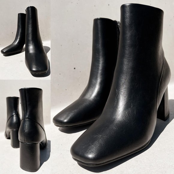 NEW Black Faux Leather Sleek Slim Square Toe Block Heel Ankle Boots Bootie Shoes - Picture 5 of 13